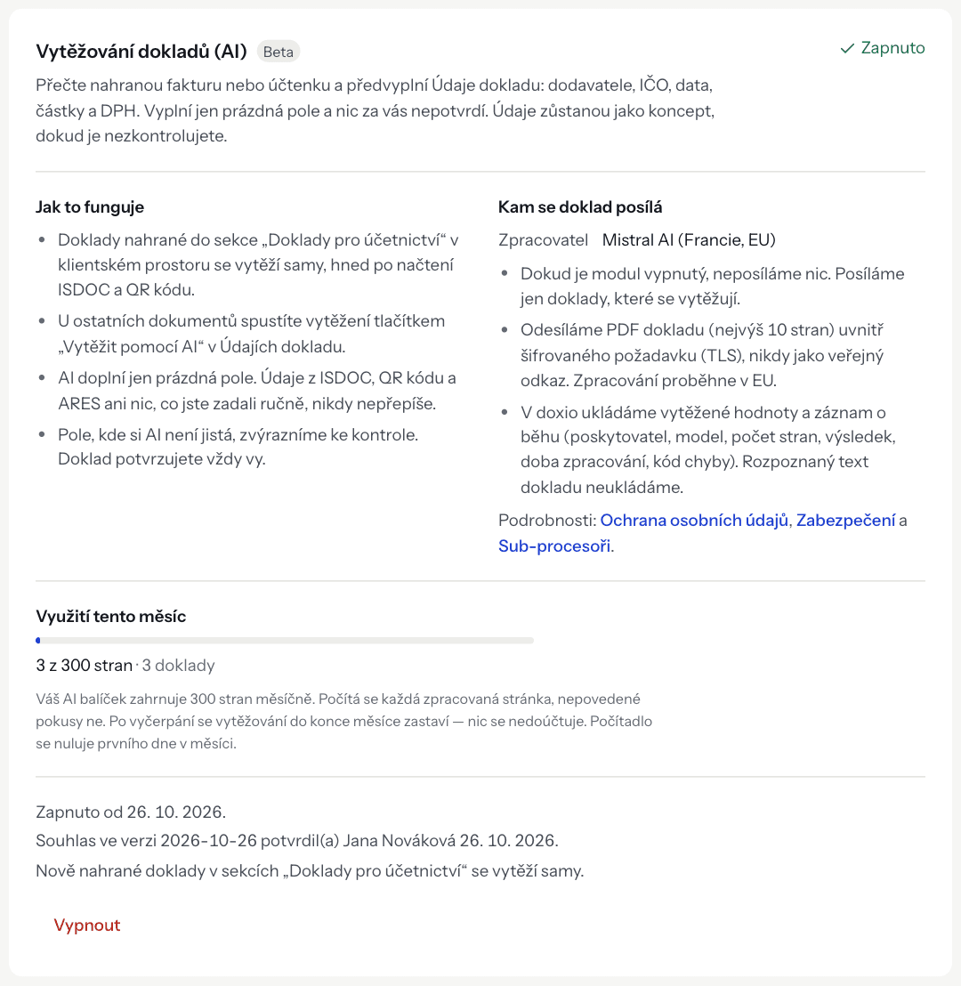 The Document extraction (AI) card in Settings → Modules with the module switched on