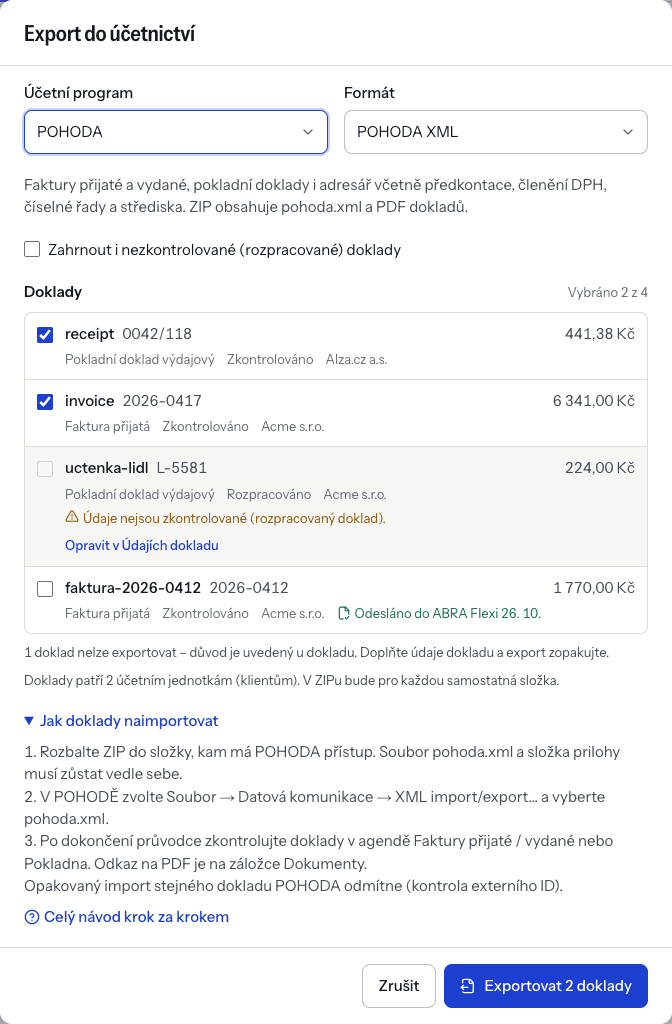 The Export to accounting dialog with POHODA and the POHODA XML format selected