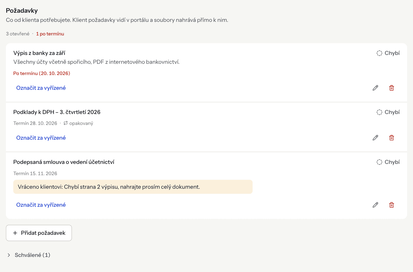 The Requests tab with missing, recurring and sent-back requests