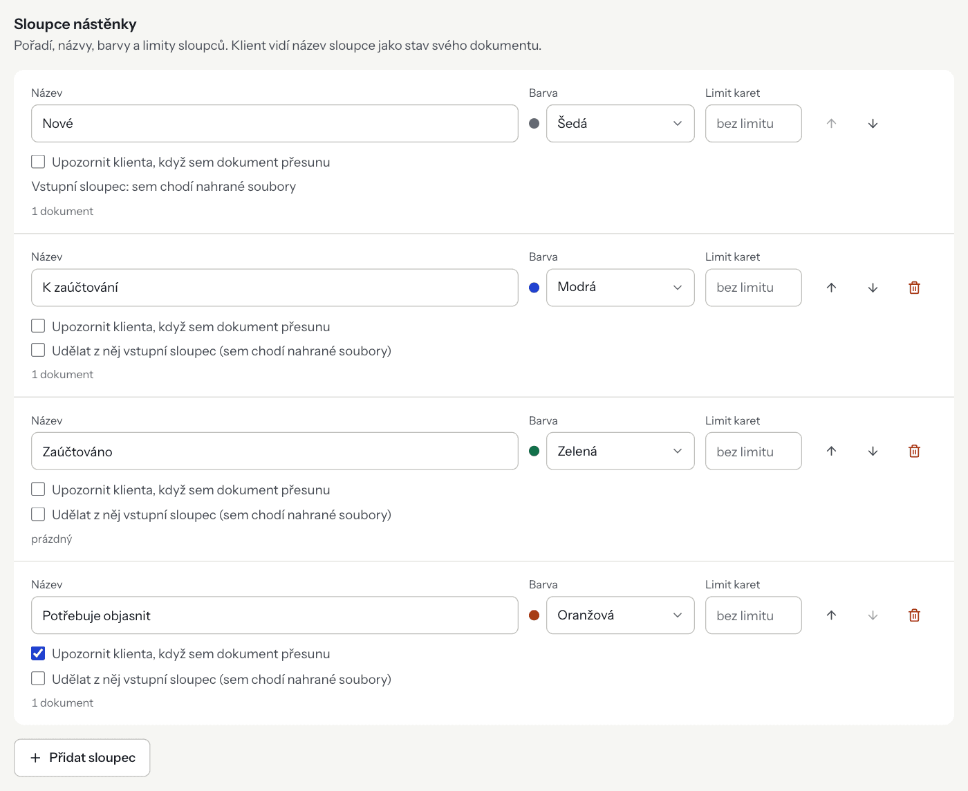 Board column settings with colour, card limit and client notification
