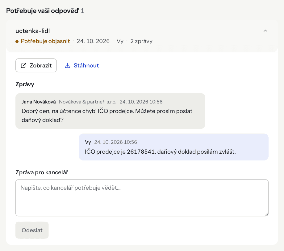 An expanded document in the portal with messages between the office and the client