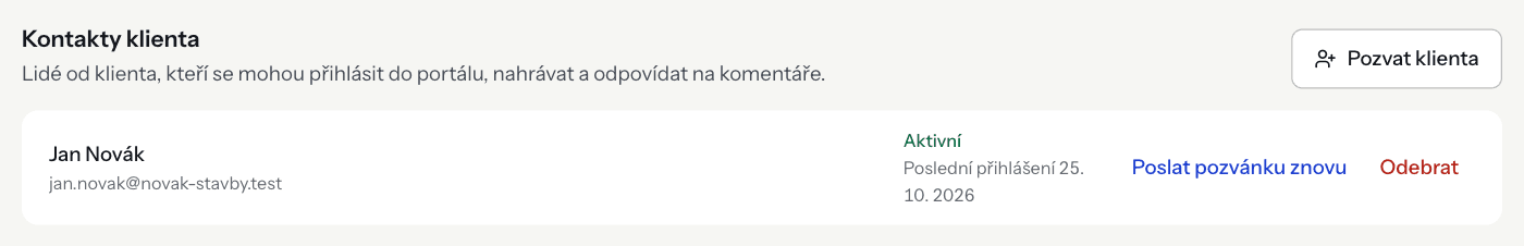 The client contacts list with the Active status and the Resend invitation and Remove buttons