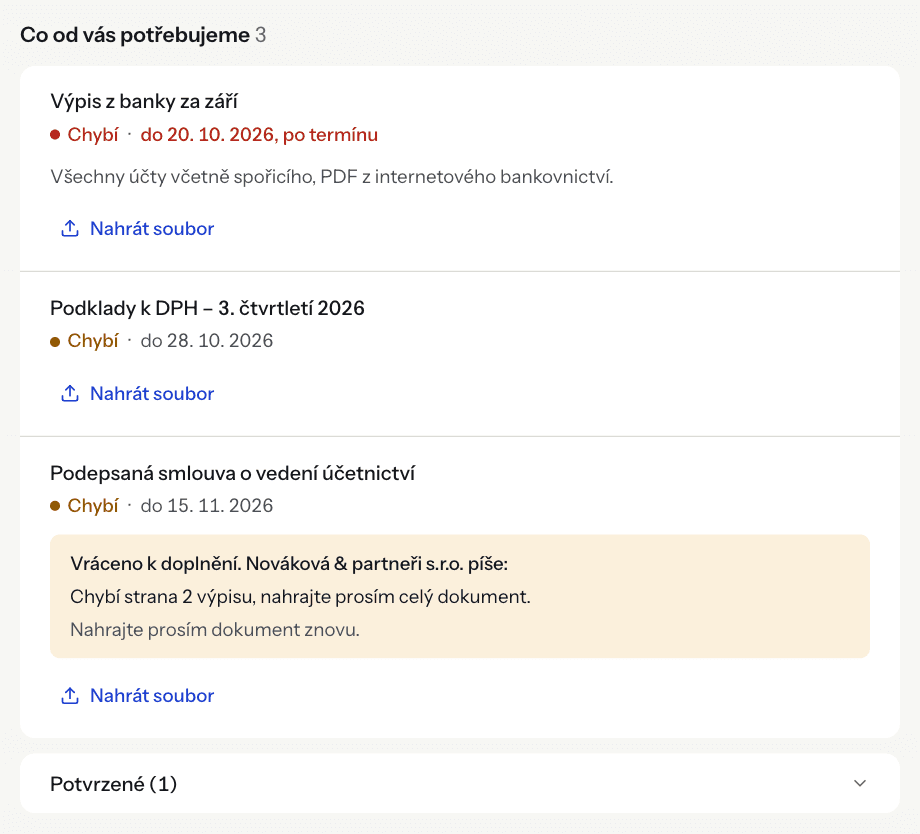 Requests in the client portal, including an overdue request and one sent back