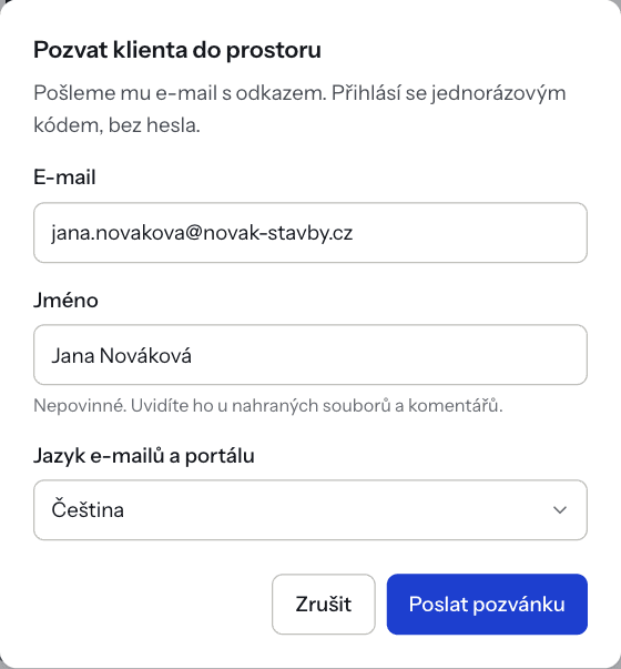 The Invite the client to this workspace dialog with e-mail, name and language