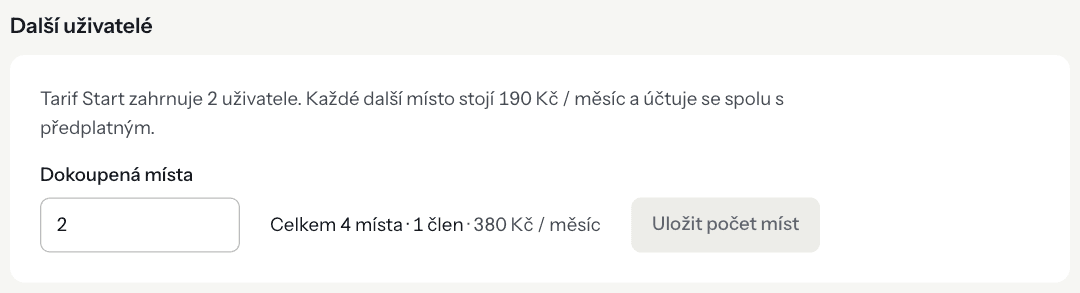 The Extra users section with the number of extra seats and their price (Czech interface).
