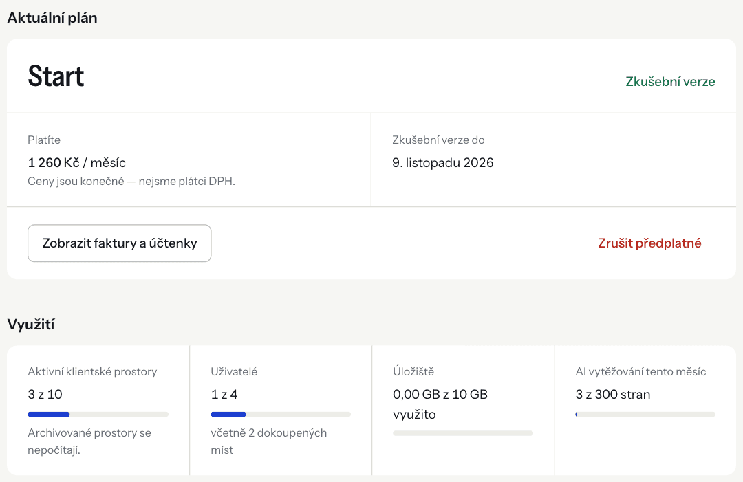 Current plan and usage in Settings → Billing (Czech interface).