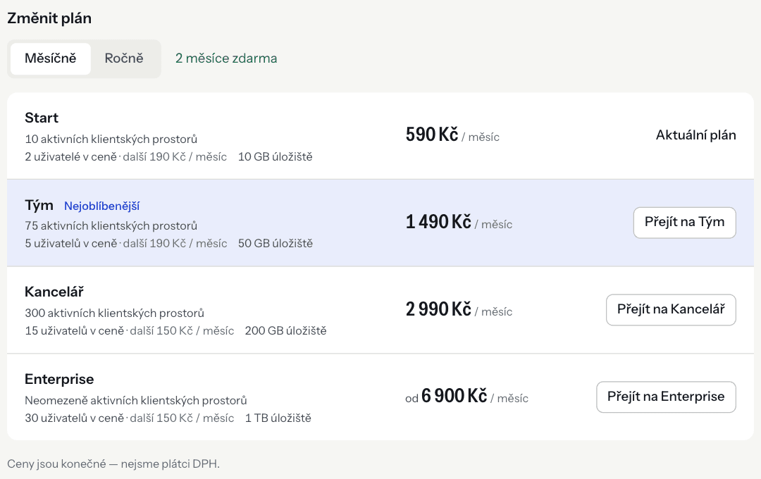 The Change plan section with plans and prices (Czech interface).