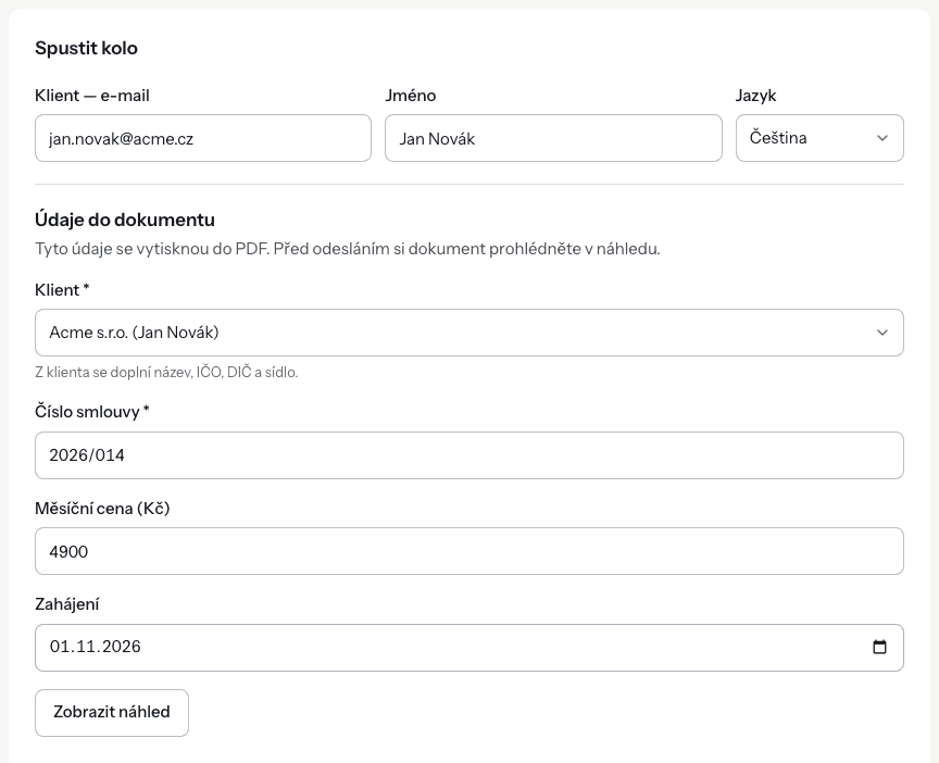 The Start a round form with the client's e-mail, the client choice and the custom variable values.