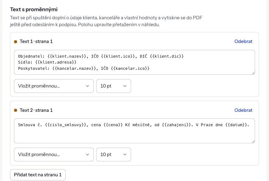 Two text blocks with client, office and custom variables.