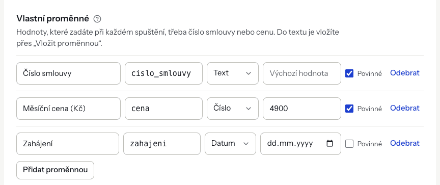 Custom variables for contract number, monthly price and start date with their keys, types and a default value.