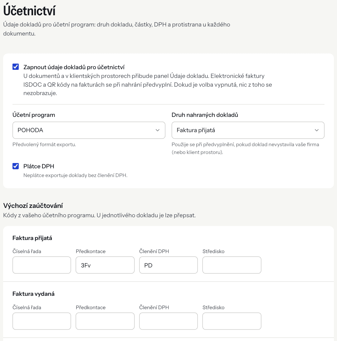 Settings → Accounting with accounting turned on and default posting