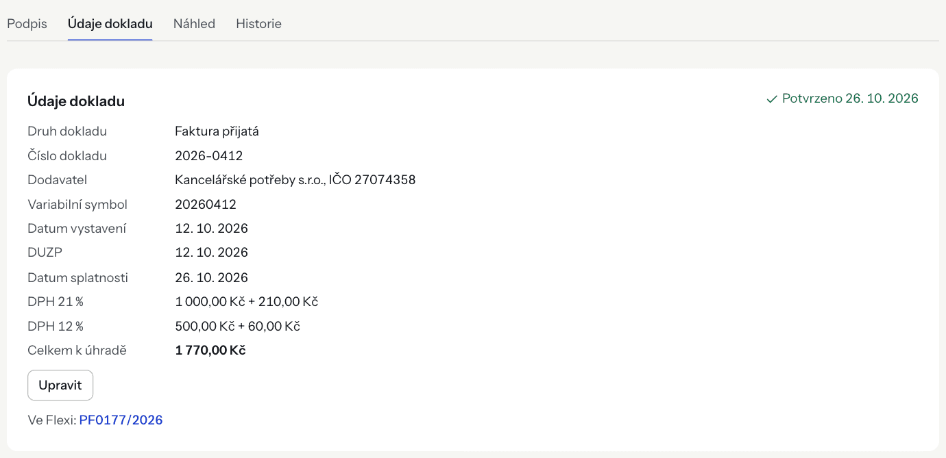 The Accounting data tab of a confirmed received invoice