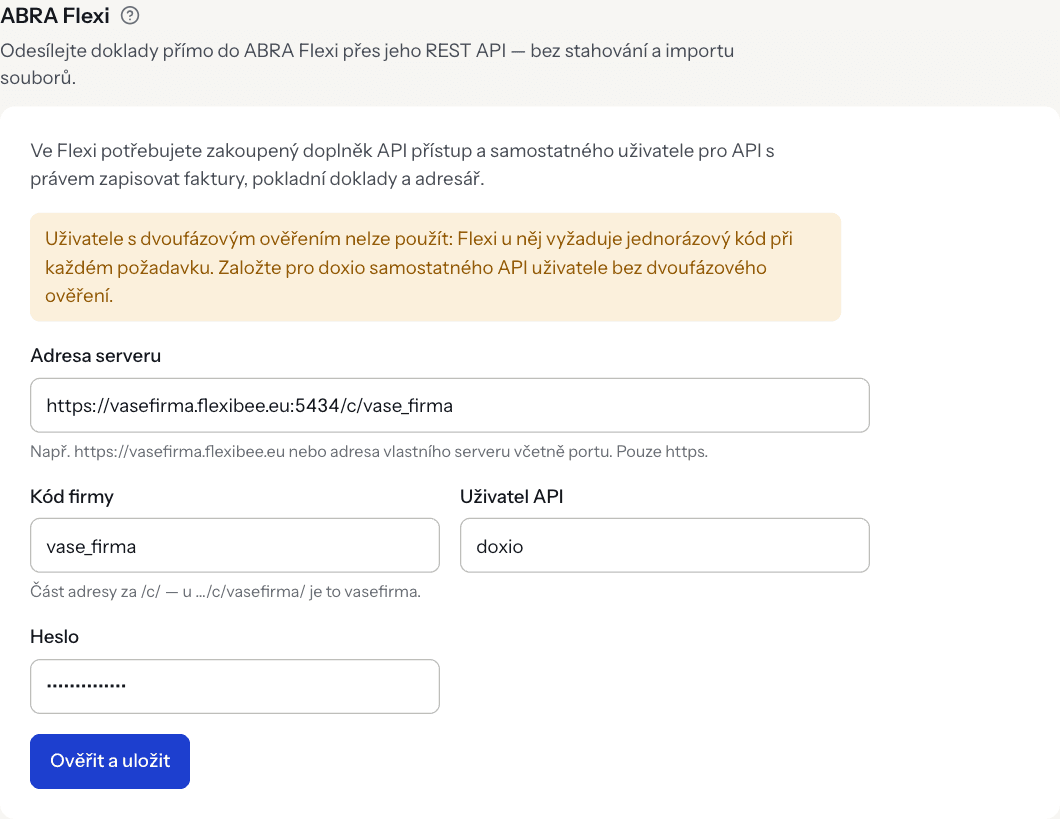 The ABRA Flexi section in Settings → Accounting with the connection form