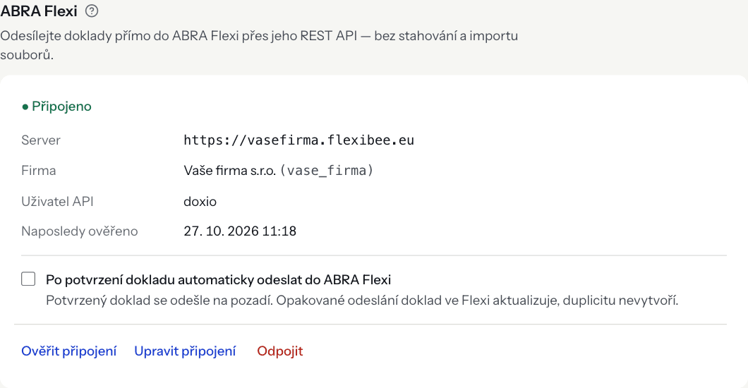 A saved connection with its status, server and company details and the automatic sending option