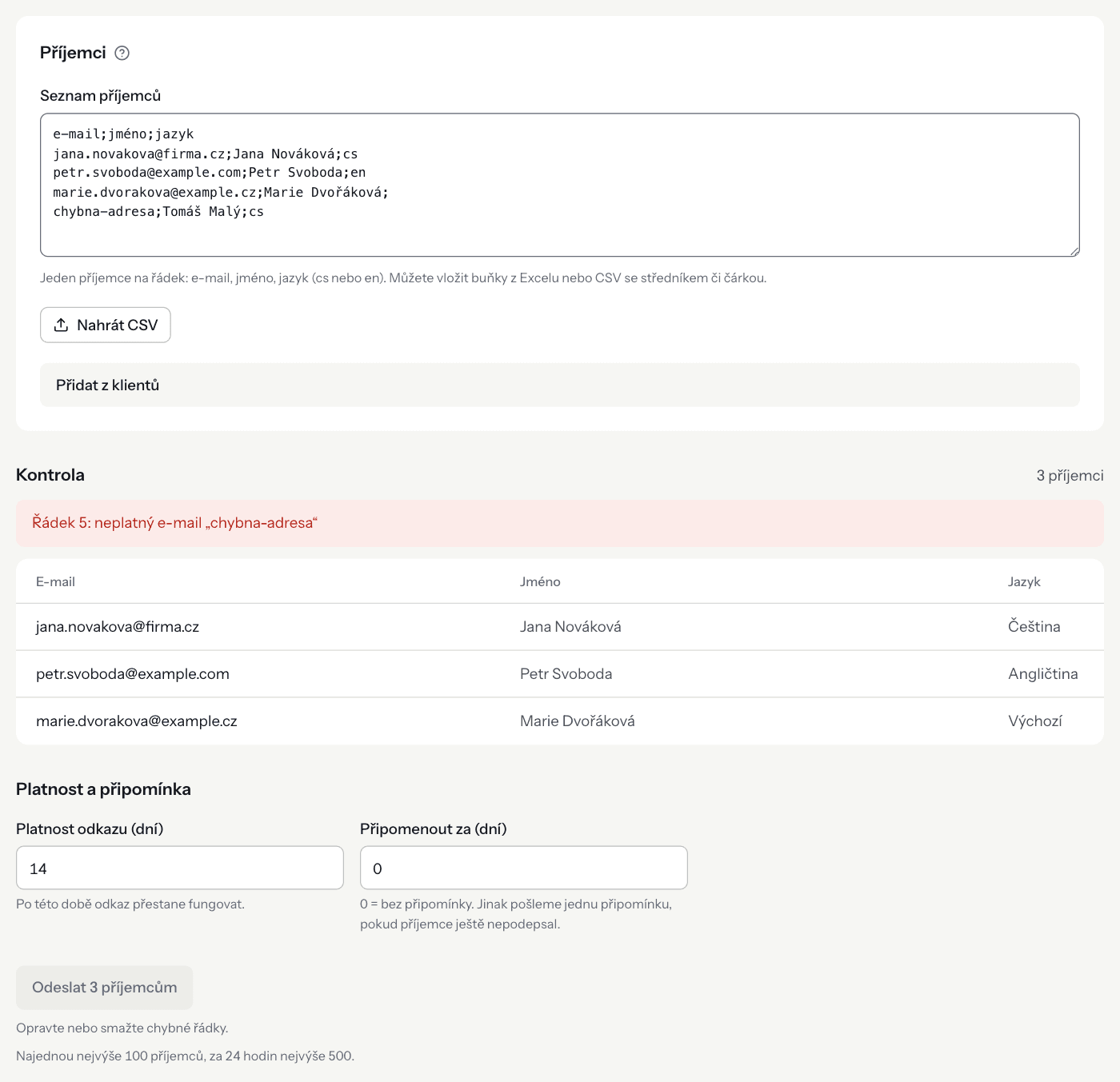 The bulk send form with a pasted recipient list, the review table and one invalid address