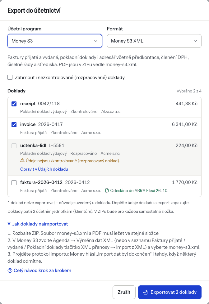 The Export to accounting dialog with Money S3 and the Money S3 XML format selected
