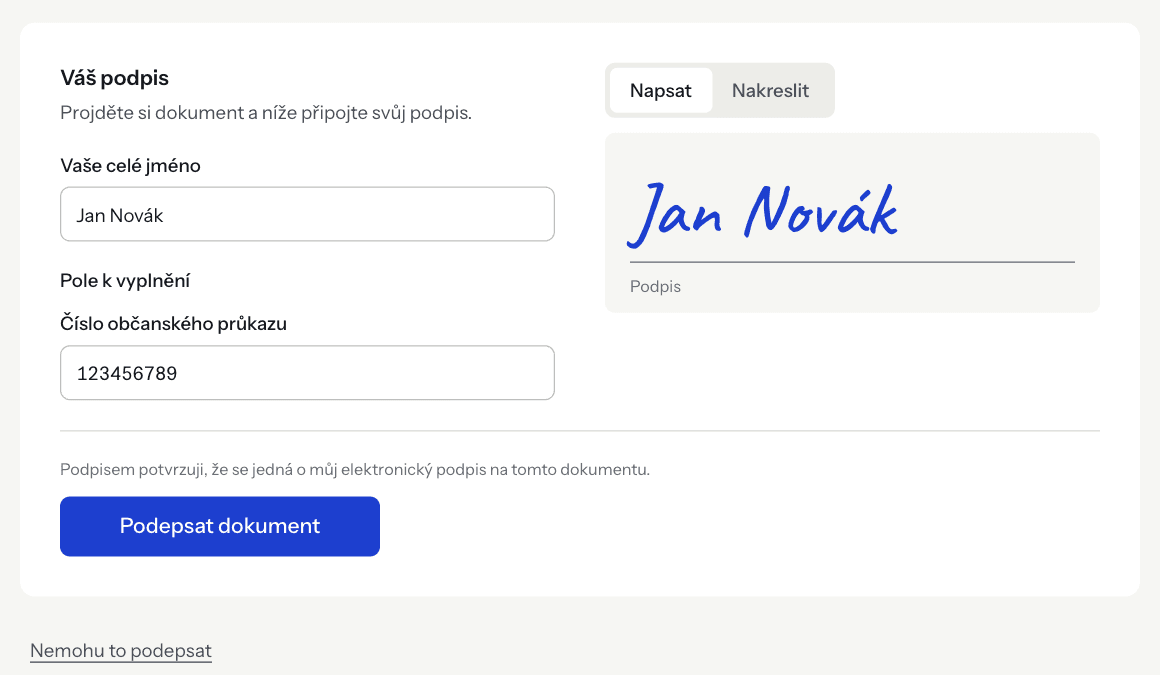 The signer's form with their full name, a field to complete and a typed signature.