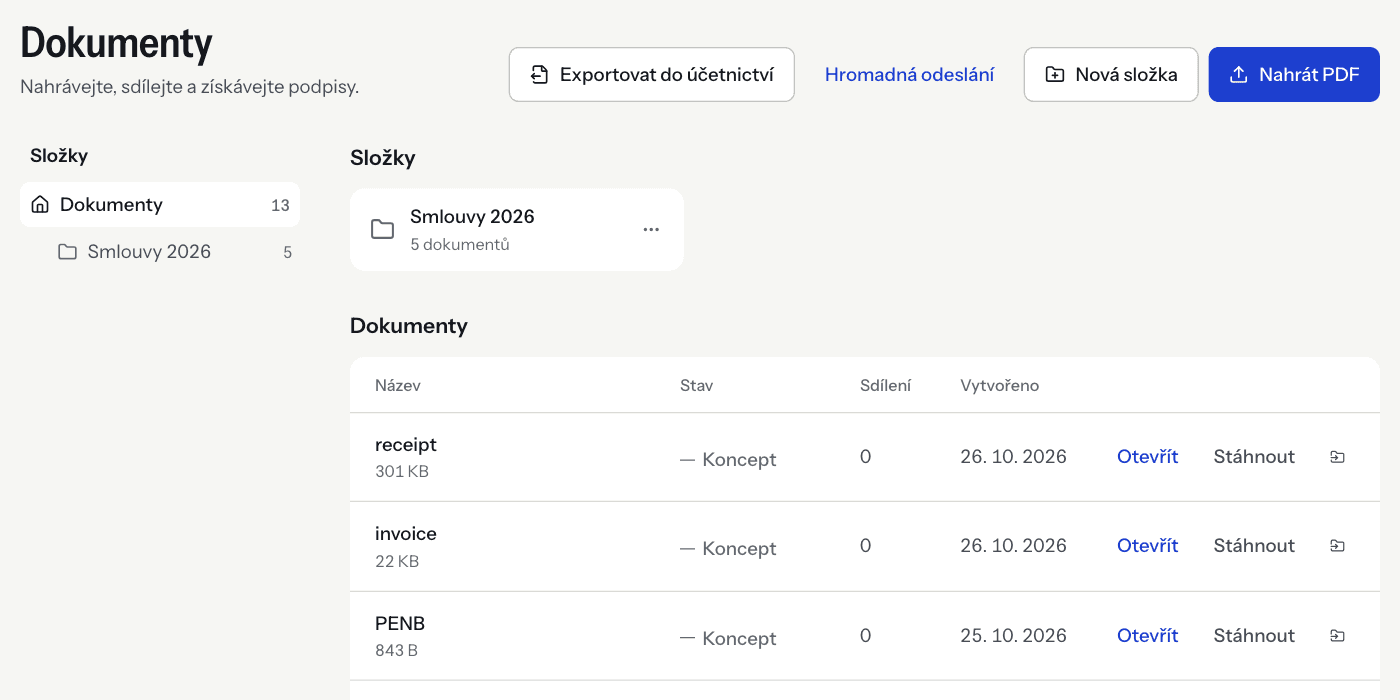 The document list with the Upload PDF, New folder and Bulk sends buttons.