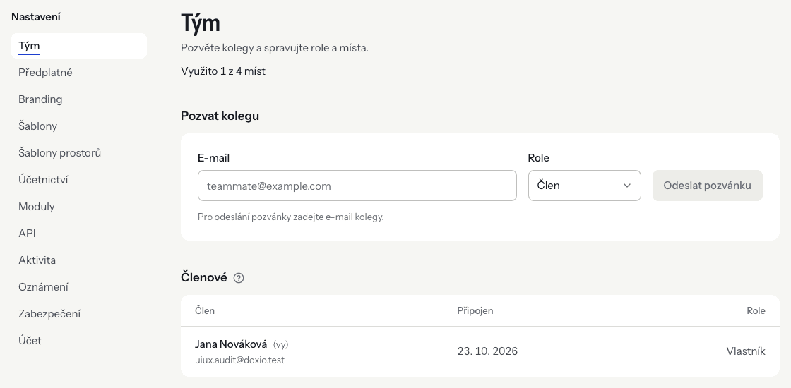 Organization settings with the section menu on the left and the Team page.